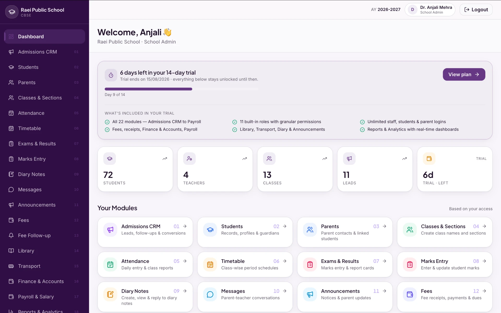 Smart School modules dashboard